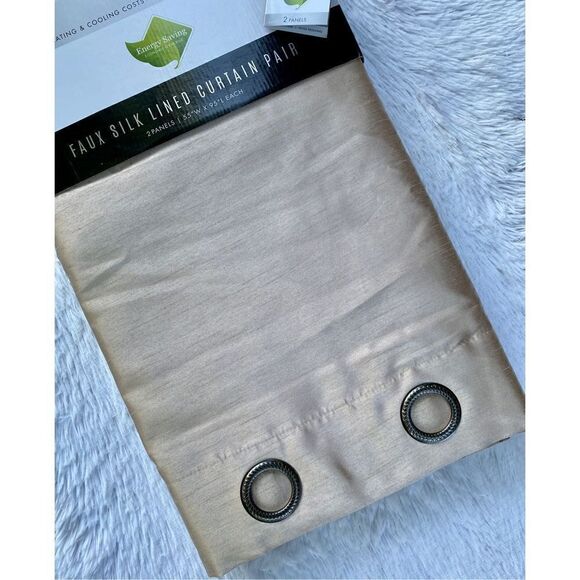 NWT Set Of 2 Faux Silk Lined MARCELLA Tan Light Blocking 55”X95” Panels … - Picture 5 of 12